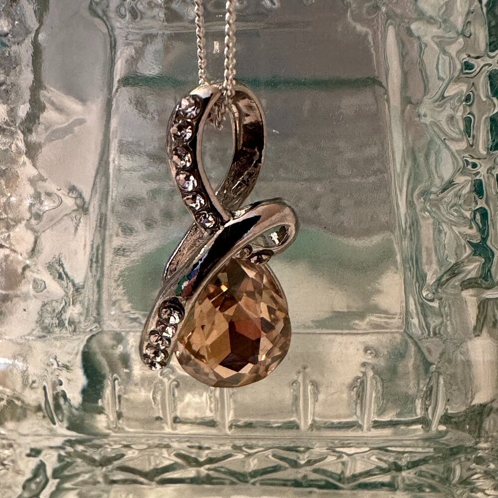 Citrine Austrian Crystal Water Drop Pendant Necklace On Italian Silver Chain